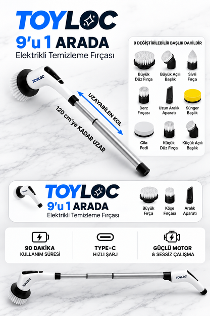 TOYLOC 9 Başlıklı Şarjlı Dijital Temizlik Fırçası